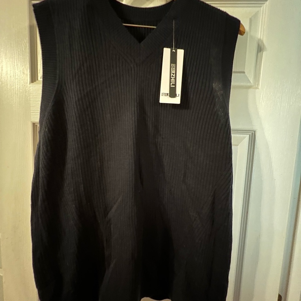 Men's V-Neck ribbed SWEATER VEST  SZ 3XL ( runs small) Navy blue By Zhili NWT